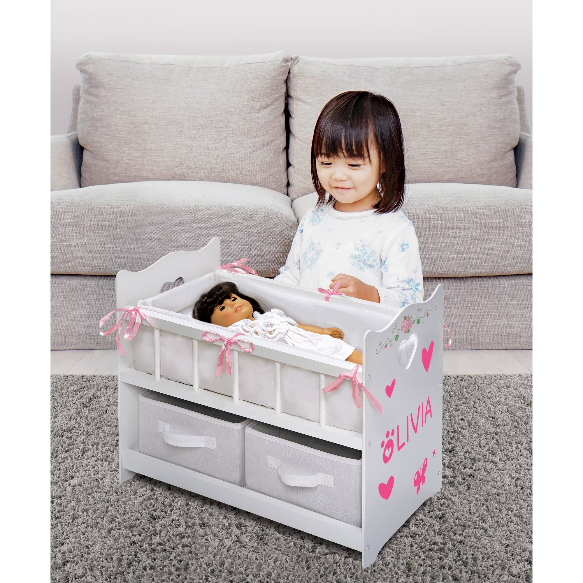 Badger Basket White Rose Doll Crib with Bedding & Two Baskets